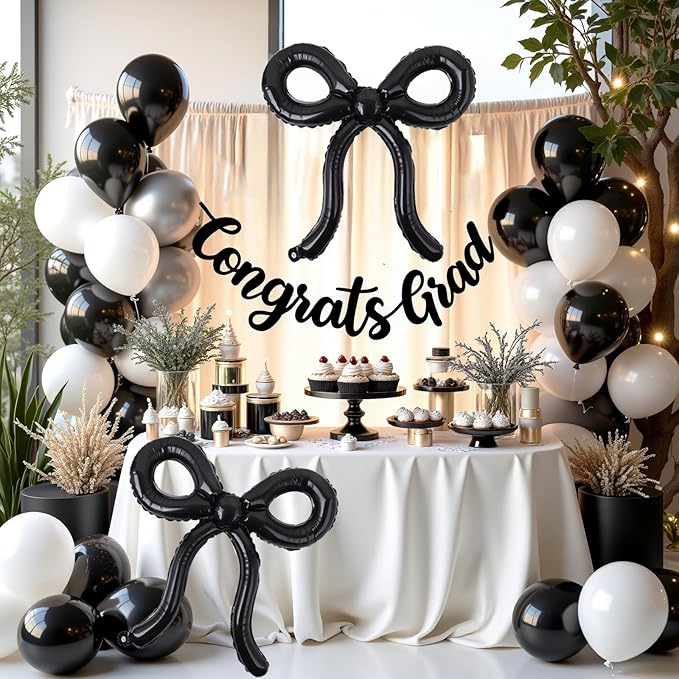 4 Pcs Black Bow Balloons Bow Birthday Decorations Bow Theme Birthday Party Decor for Bridal Shower Baby Shower Engagement Bachelorette Party Decorations 26 x 24 Inch