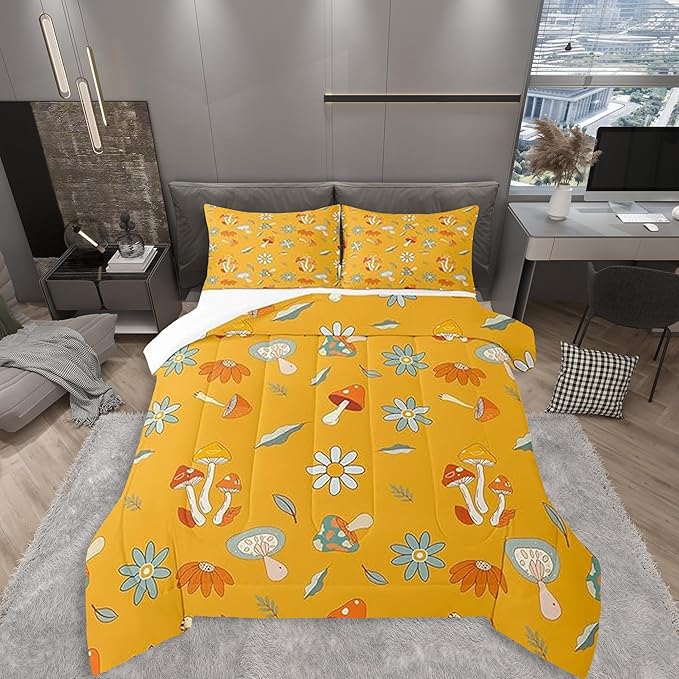 Castle Fairy Retro Hippie Mushroom Twin Size Comforter Set,Groovy Flowers Floral Duvet Set with 1 Pillowcase for Kids BoysYellow Boho Soft Microfiber Bedding Comforters