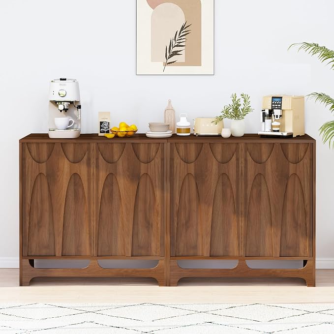 Bifins Sideboard Buffet Cabinet with Storage Set of 2, 63” Mid Century Modern Storage Cabinet with Adjustable Shelf and 4 Doors for Dining Room, Living Room,Entry
