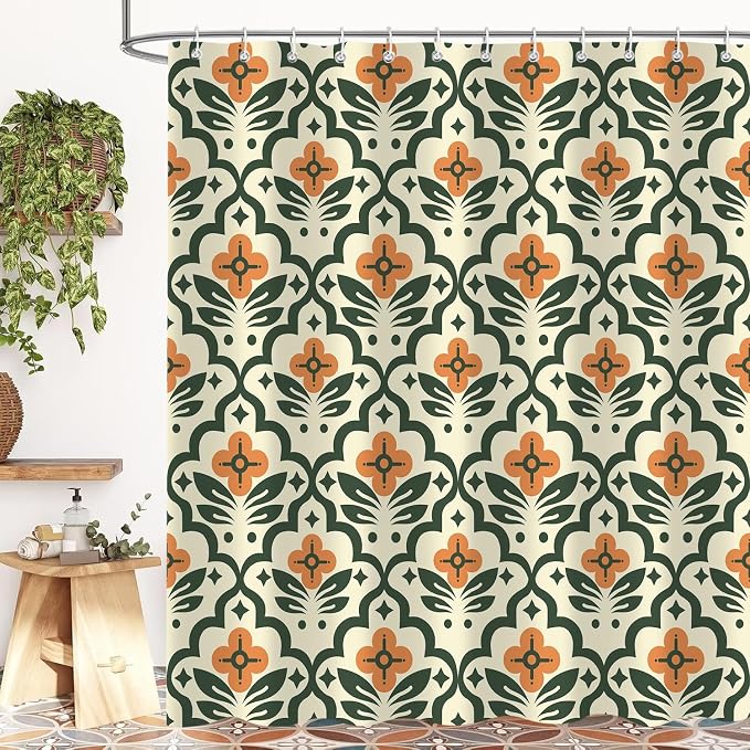Vintage Boho Floral Shower Curtain，Mid Century Modern Abstract Orange Green Bathroom Curtain，Polyester Fabric Waterproof Bath Curtains 72x72 Inch with 12 Hooks