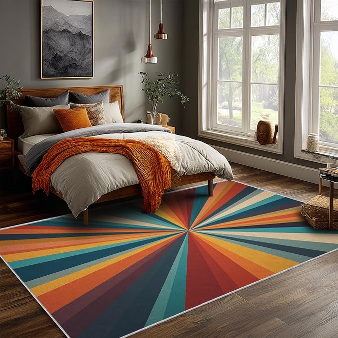 Retro Sunburst Rugs 4x6, 70s Colorful Abstract Washable 4 x 6 Area Rug for Living Room, Bedroom, Low Pile Non Slip Stain Resistant Carpet, Retro 70s Home Decor Accessories & M875