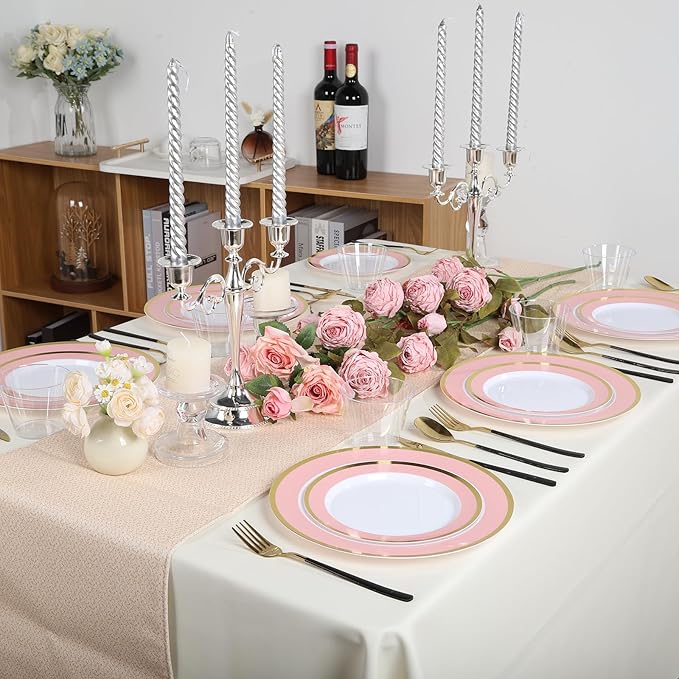 100PCS Pink Disposable Plastic Plates Include 50PCS 10.25inch Dinner Plate and 50PCS 7.5inch Dessert Plate Heavy Duty Plastic Dinnerware for Party Wedding Anniversary New Year