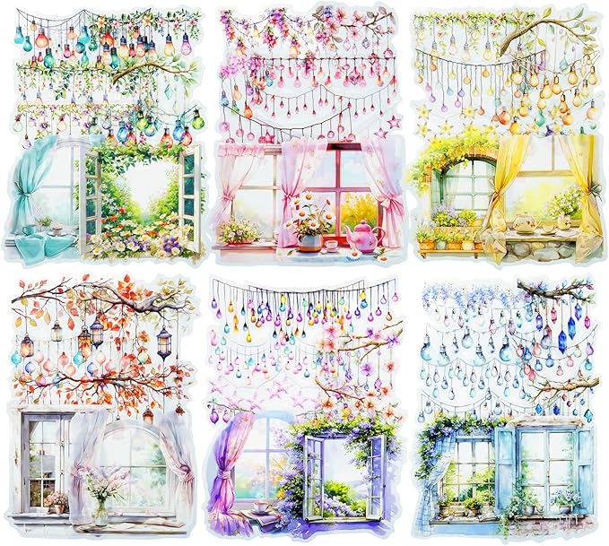 AuriicLeaf Romantic Window PET Stickers, 96pcs Dreamy Floral and String Light Decorative Sticker for Scrapbooking, Journaling, DIY Crafts, Planner Supplies