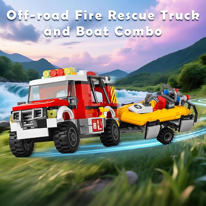 City Fire Truck Building Set with Rescue Boat Building Blocks - Educational Playset for City Fire Rescue - Birthday Christmas Building Blocks Gift Idea