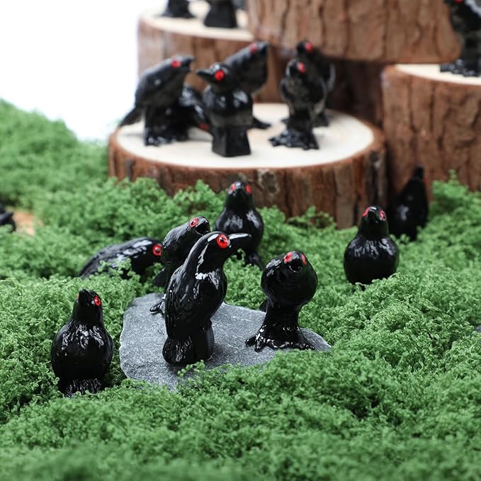 60pcs Mini Black Crow Decor, Miniature Resin Fake Crow Halloween Decor Tiny Black Birds Cake Topper Raven Figurine Halloween Ravens Decoration for Holiday Scene Micro Landscape Spooky Party