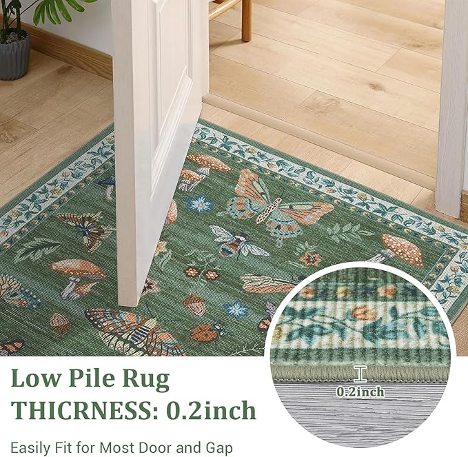 Washable 2x6 Vintage Runners for Hallway Entryway Retro Distressed Kitchen Carpet Runner Low Pile Soft Bedside Boho Carpet Non Slip Bath Rug Non Shed Thin Floral Accent Carpets, Green