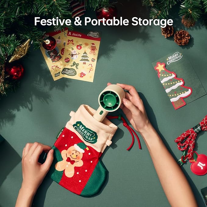 JISULIFE Portable Fan Christmas Gifts, 4000mAh Mini Handheld Fan with Neck Strap, Stickers, Christmas Stockings, Ideal for Travel, Camping. Gifts for Women, Men, Kids (Beige)