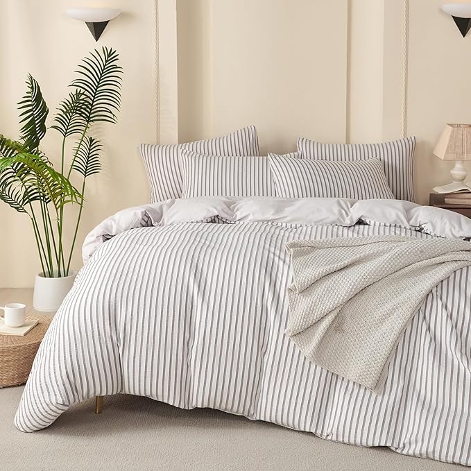 King Grey Duvet Cover Striped Washed Microfiber Jacquard 3 Pieces Bedding Set, Grey White Vertical Ticking Stripes Pattern Comforter Cover with Zipper Closure Breathable Durable Soft Comfy