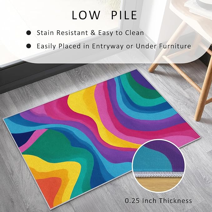 Rainbow Abstract Rugs 3x4, Colorful Retro 70s Washable 3 x 4 Area Rug for Living Room, Bedroom, Low Pile Non Slip Stain Resistant Carpet, Abstract Home Decor Accessories & M883