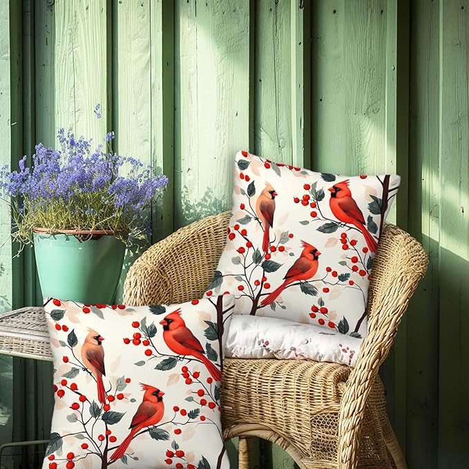 Red Cardinal Bird Throw Pillow Covers 18x18 Set of 2, Home Decorative Cushion Cases for Couch, Sofa, Bed and Living Room, Berry Decor Pillowcases for Spring, Summer, Autumn and Winter