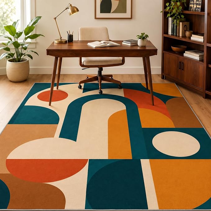 Mid Century Area Rug 6x8, Home Decor | Deep Teal Terracotta Arch Blocks, Retro Geometric Rug for Living Room, Bedroom, Home Office, Non Slip, Washable, Low Pile