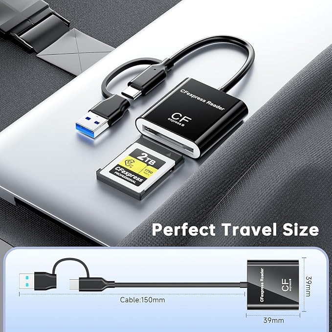 CFExpress Type B Card Reader with USB 3.2 (Gen 2) 10Gbps, USB-C & USB-A 2-in-1 Type B CFexpress Adapter, CF Express Type B Card Reader Compatible with Windows/Mac/Linux/Android(Not for XQD Card)