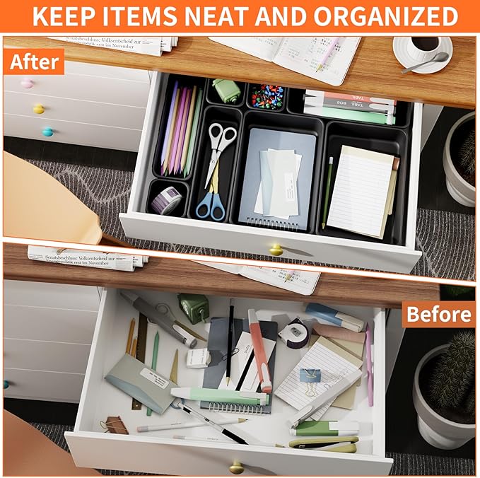Giklux 45 Pack Desk Drawer Organizer Tray, 3 Sizes Plastic Drawers Organizer Storage for Kitchen, Bathroom, Office, Vanity, Makeup, Utensils, Junk Drawer Organizer Bins, Gadget Trays for Organizing.