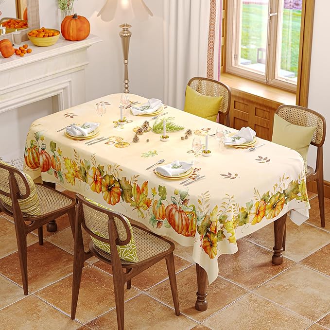 Fall Tablecloth Rectangle 60x84 Inch, Autumn Thanksgiving Harvest Orange Pumpkin Table Cloth Washable Spillproof Table Cover for Halloween Party, Picnic & Dinner Decor