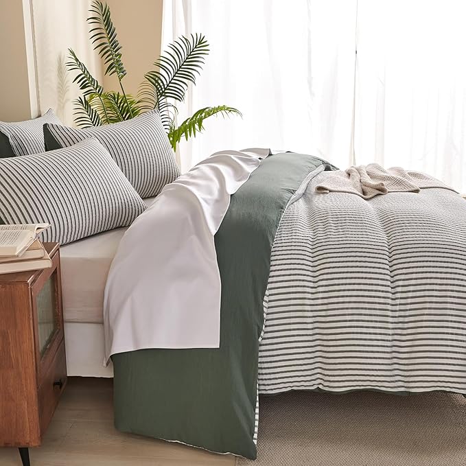 Duvet Cover Set Queen Striped Washed Microfiber Jacquard 3 Pieces Bedding Set, Green White Vertical Ticking Stripes Pattern Comforter Cover with Zipper Closure Breathable Durable Soft Comfy