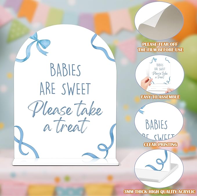 Babies Are Sweet Please Take a Treat Sign - Blue Bow Baby Shower Sign, 1 Pack Arch Acrylic Sign with Stand, Gender Reveal Party Table Decor, Blue Baby Shower Supplies (SP08)