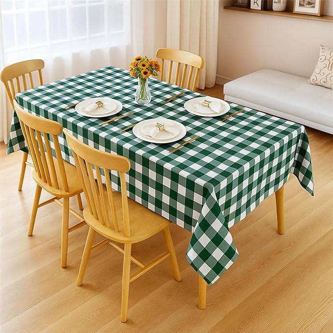 3 Packs Green and White Checkered Tablecloth 54x108 Inches Rectangle Gingham Tablecloth Disposable Plastic Waterproof Table Cover for Outdoor Picnic Kitchen and Birthday Party