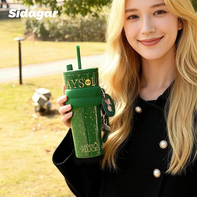 24 oz Tumbler with Lid and Straw, Insulated Coffee Mug Leak Proof, Portable Iced Travel Water Bottle, Reusable Thermal Coffee Cup, Gifts for Women, Emerald Green