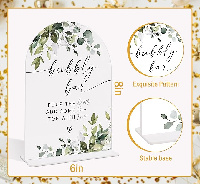 Wedding Signs for Reception, Green Leaves Bubbly Bar Sign, Wedding Reception Signage, Bridal Shower Table Decorations with Base, Supplies for Proposal, Bridal Shower Events and Ceremony, 04