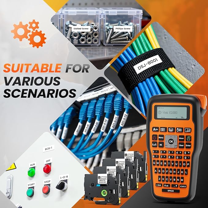 Vixic Industrial Label Maker, Cable Wire Label Maker Waterproof-Labels Bundle 4 Laminated-Tapes for Electricians Network Office Labeling, E1000 Heat Shrink Tube Labeler Machine Handheld & Portable