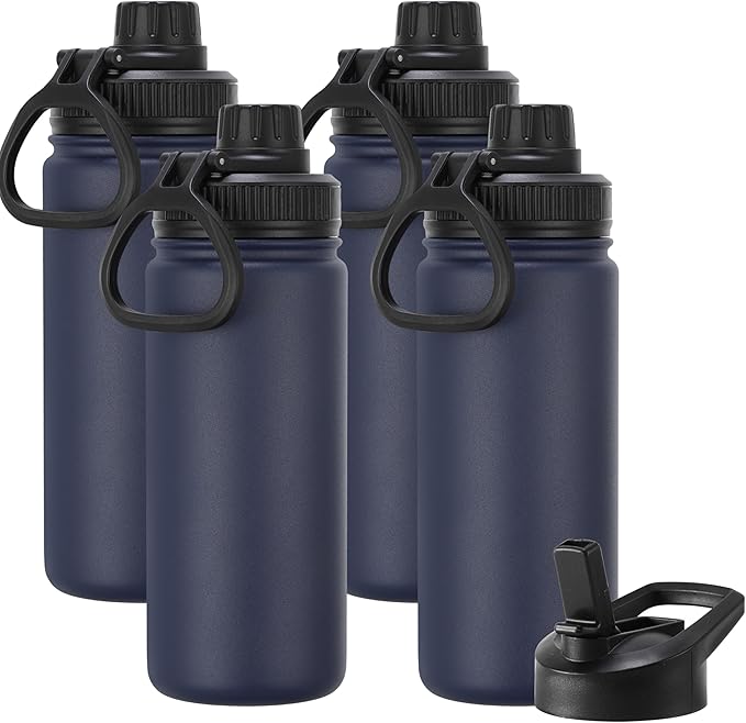 DOMICARE 16 oz Kids Water Bottle for School Stainless Steel Double Wall Vacuum Insulated Water Bottle with Straw lids & Spout Lid, Leakproof BPA Free (Navy,4)