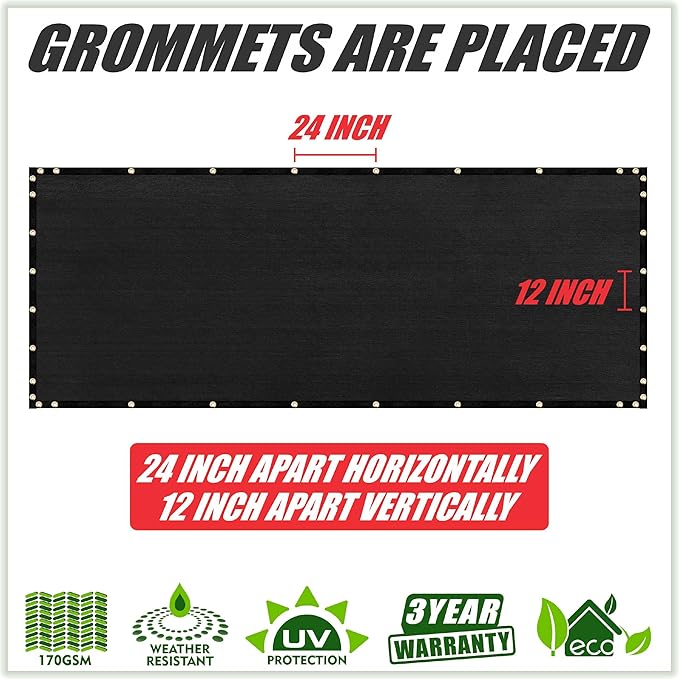 ColourTree 6' x 25' Black Fence Screen Privacy Screen - Commercial Grade 170 GSM - Heavy Duty - 3 Years Warranty - Cable Zip Ties Included