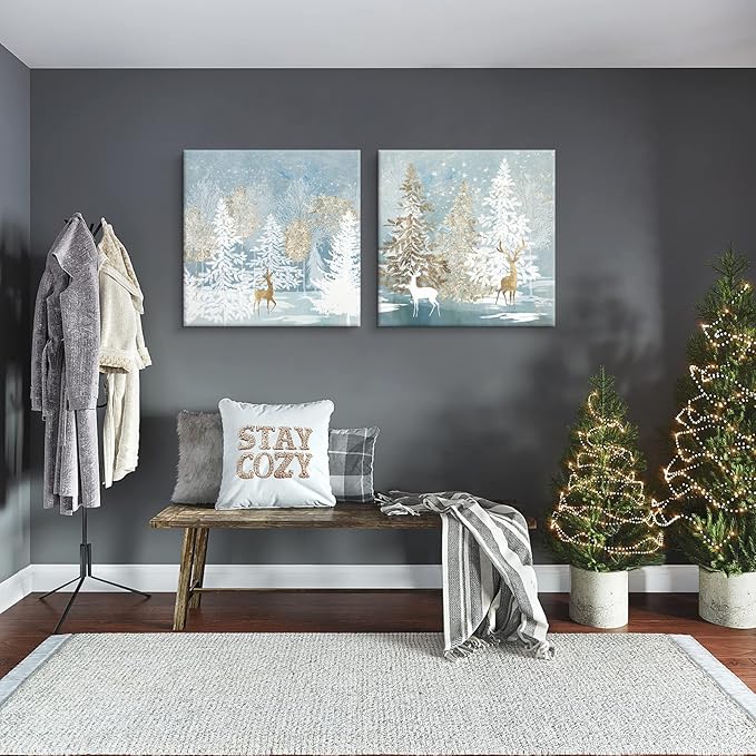 SEVEN WALL ARTS Christmas Wall Art Moose Deer Picture Wall Decor Natural Elk Canvas White Snow Trees Posters Snowflake Winter Blue Decorations for Living Room Farmhouse Bathroom Holiday Decor