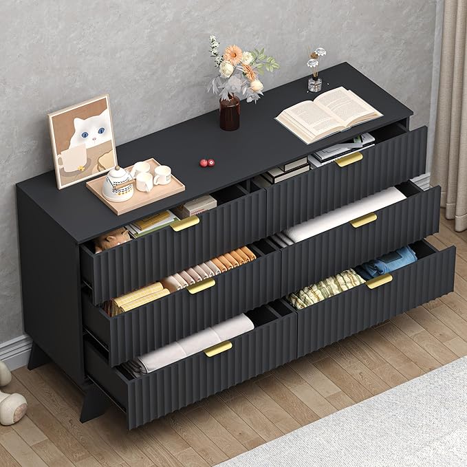 BORNOON Fluted 6 Drawer Dresser, 47.2" Wide Modern Boho Chest of Drawers, Wooden Storage Dresser TV Stand for Bedroom, Living Room, Closet, Hallway, Curved Profile Design