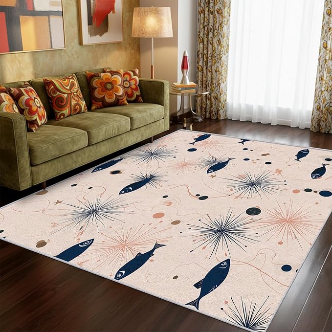 Mid Century Modern Rug Square 8x8 Starburst Atomic Fish Retro Pattern Area Rugs for Living Room, Bedroom, Mid Century Modern Home Decor Accessories Indoor Carpet, Non Slip & Machine Washable