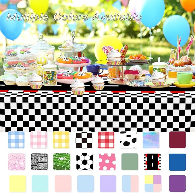 WNINK 6 PCS Racing Car Theme Tablecloths Car Disposable Plastic Tablecloths Black Checkered Flag Table Covers Racetrack Rectangular Tablecloth for Race Car Birthday Party Decorations, 54 x 108 Inch