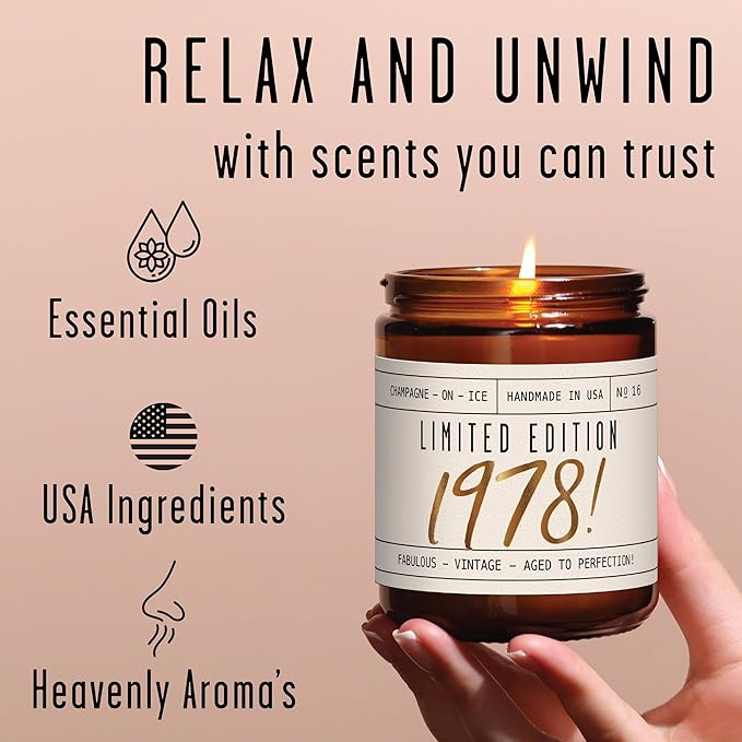 47th Birthday Gifts for Women - 'Limited Edition 1978' Soy Candle, w/Champagne on Ice I 47 Birthday Gifts for Women I 47st Gift for Her Ideas I 9oz Reusable Jar, 50Hr Burn, Made in USA