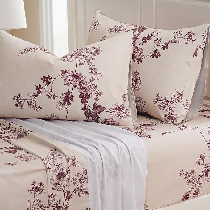 Zusbest California King Sheet Sets 100% Percale Cotton Red Floral Bed Sheet, Brushed Extra Softness, Breathable Toile Flannel Like Sheets Shabby Vintage Flower Print Deep Pocket Sheets 17.5'' 4 Pcs