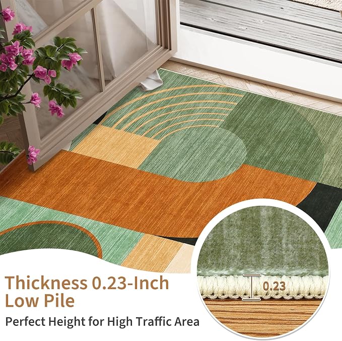 Area Rugs for Living Room, Boho Geometric Washable Rug for Bedroom Entryway Soft Low Pile Non-Slip Indoor Rugs for Dining Room Dorm Playroom, Green Multi, 5'x7'