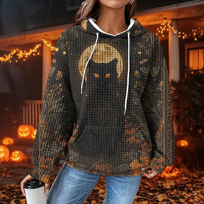 Halloween Sweatshirts for Women Novelty Graphic Drawstring Waffle Hoodies Loose Casual Pullover Tops with Pocket