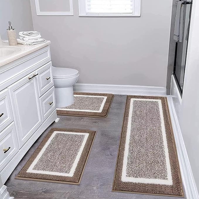 Pauwer 3 Piece Plush Bath Mat Set, Non Slip Shaggy Bathroom Mats with U-Shaped Contour Toilet Mat for Bedroom Living Room