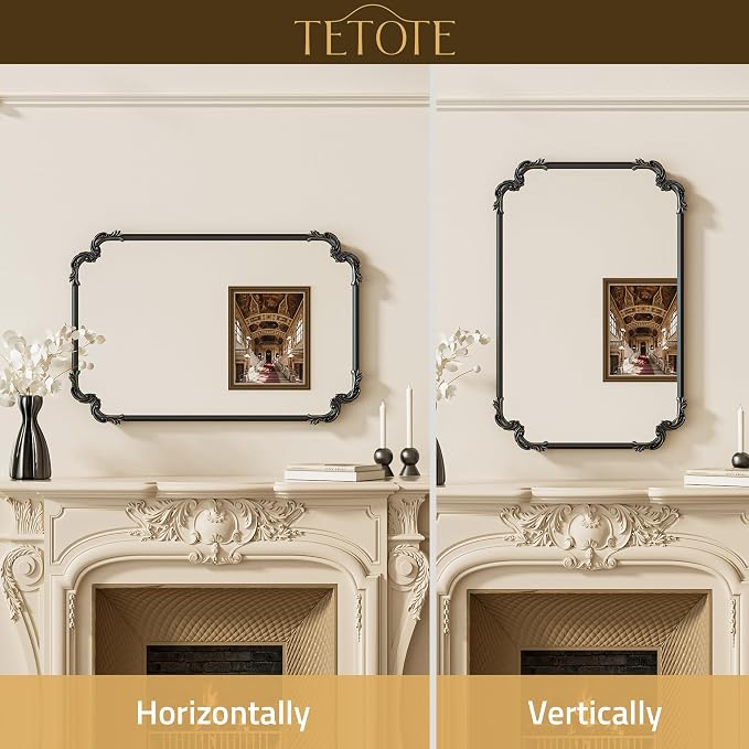 TETOTE Baroque Antique Black Scroll Wall Mirror 48 x 30 Vintage Rectangle Framed Baroque French Rectangular Mirror for Mantle Fireplace Bathroom Living Room, Horizontal/Vertical
