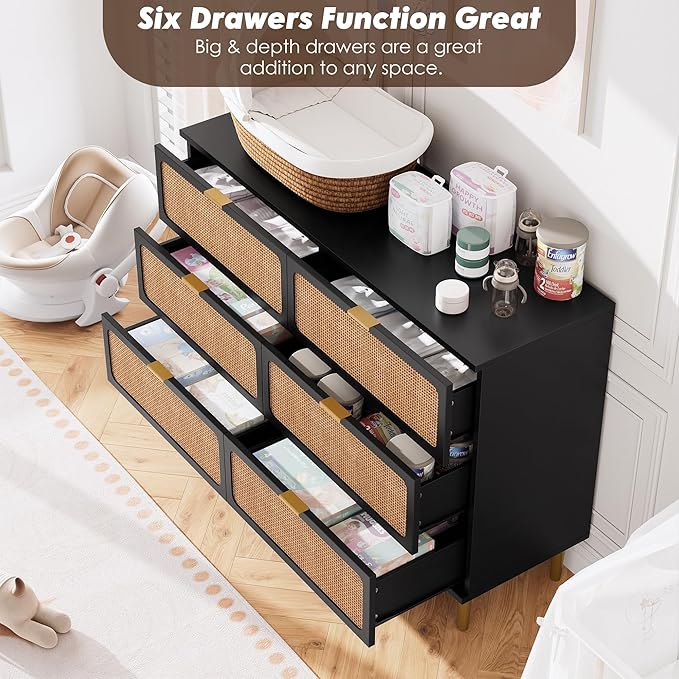 Garvee Rattan Dresser with 6 Drawers, Tall Modern Closet with Deep Storage, Large Chest of Drawers with Wide Top, Long Wooden Dresser for Bedroom, Living Room, Hallway, Kids Room, Black