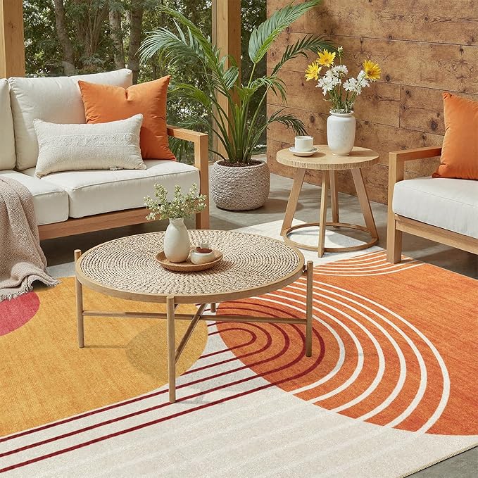 DCX Abstract Machine Washable 2x3Rug, Mid Century Modern Rug for Living Room, Soft Low Pile Non Slip Carpet, Kid & Pet Friendly Stain Resistant Rug for Bedroom Dining Room Office, Orange & Yellow