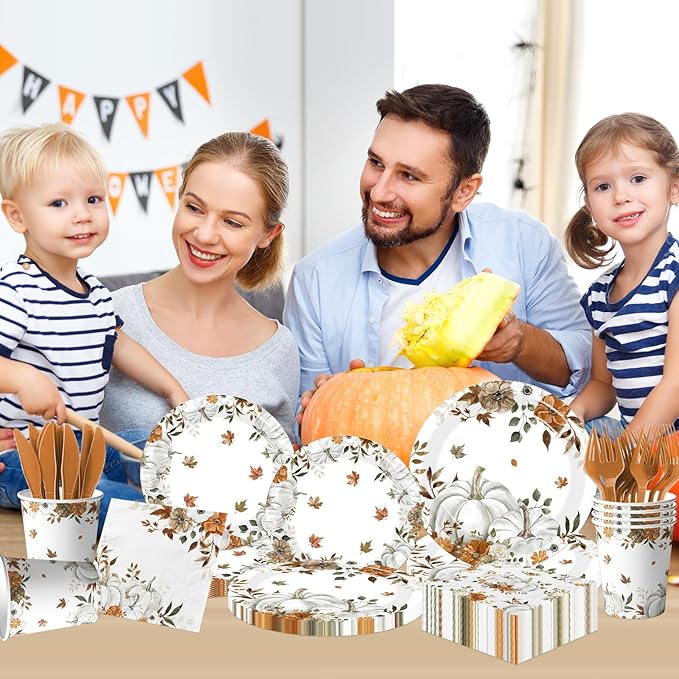 24 Sets Fall Paper Plates and Napkins,Little Pumpkin Baby Shower Decorations,Autumn-Themed Disposable Tableware for Thanksgiving,Harvest Parties,Floral Pumpkin Birthdays Party Supplies