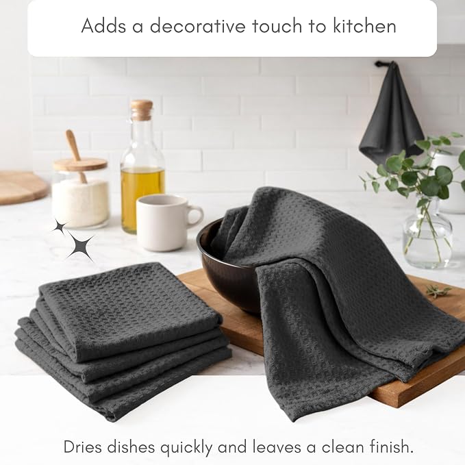 TWINY threads Kitchen Towels Set of 12, 100% Soft Cotton Waffle Weave Dish Towels, Tea Towels with Hanging Loop, Resuable Bar Towels for Table Cleaning, Dinning, Parties- 16"X 26" - Grey