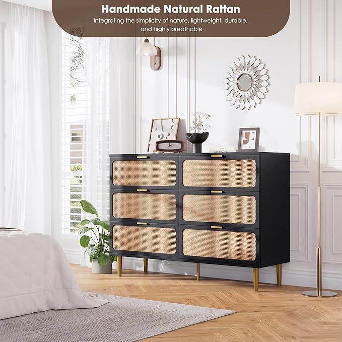 Garvee Rattan Dresser with 6 Drawers, Tall Modern Closet with Deep Storage, Large Chest of Drawers with Wide Top, Long Wooden Dresser for Bedroom, Living Room, Hallway, Kids Room, Black
