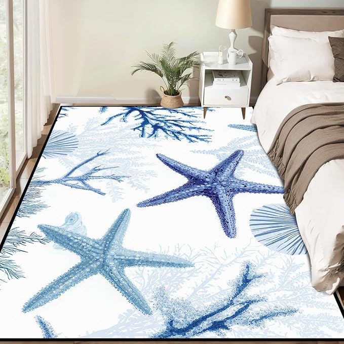 Coastal Starfish Rug 2'x3' Blue Ocean Area Rug Coral Seashell Floor Mat Washable Low Pile Carpet for Entryway Bedroom Living Room Kitchen Home Decor