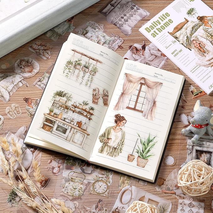Auguro Scrapbooking Sticker 20 Sheets 120 Pre-Cut PET Daily Life at Home Girls People Stickers Books for journaling Scrapbook Supplies Transparent Stickers for journaling
