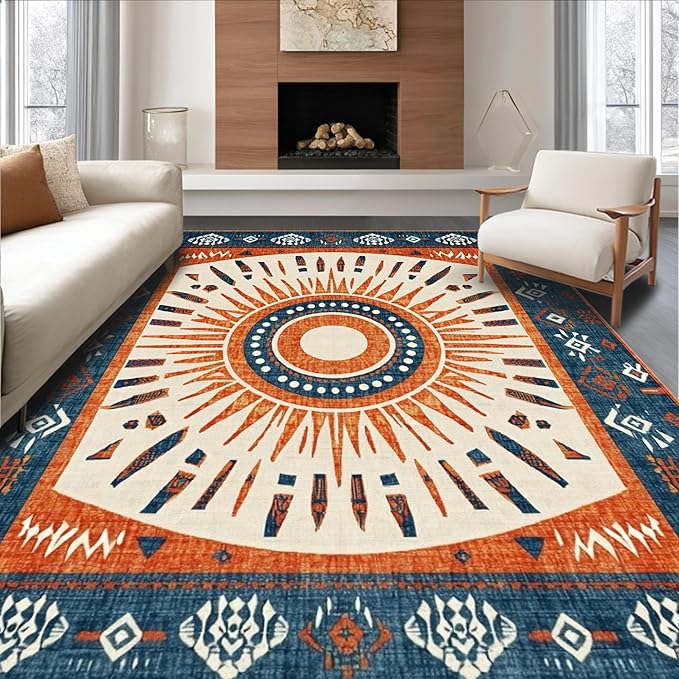 Flatwoven High Traffic Area Rug 8x10, Vintage Tribal Sunburst Motif, Non Slip, Stain Resistant, Washable Area Rugs for Living Room, Bedroom (Orange, 8x10)