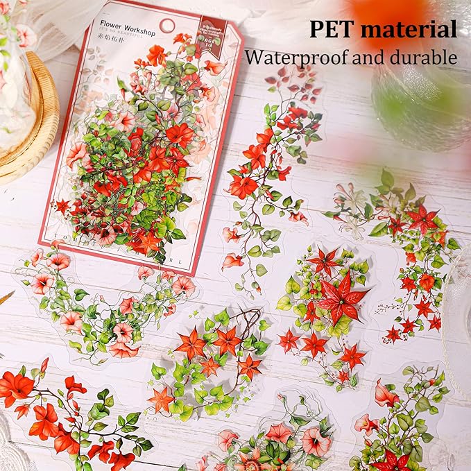 AuriicLeaf Floral Vine PET Stickers – 60PCS Vintage Botanical Design, Waterproof & Pre-Cut, Large Size for Journals, Junk Journals, Scrapbooking, and Craft