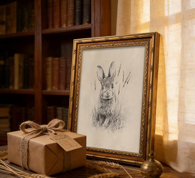 Vintage Gold Framed Easter Bunny Canvas Wall Art Vintage Rabbit Wall Decor Spring Farmhouse Animal Sketch Print Artwork Sketch Rabbit painting Picture for Farmhouse Bedroom Living Room 16X24in