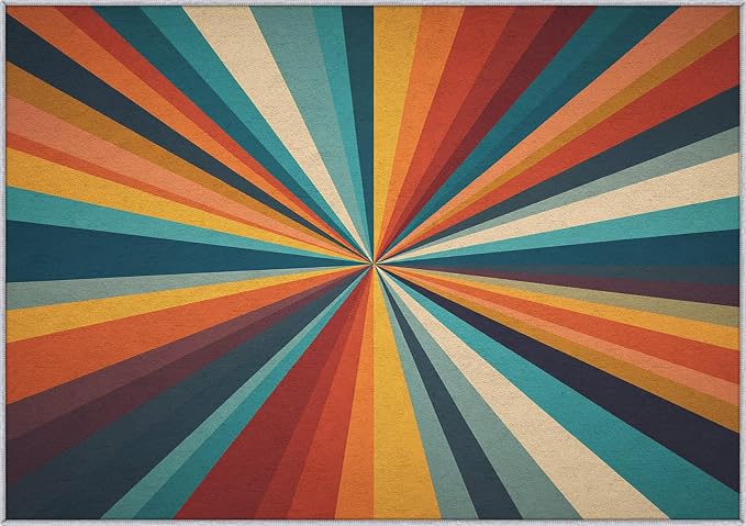 Retro Sunburst Rugs 6x9, 70s Colorful Abstract Washable 6 x 9 Area Rug for Living Room, Bedroom, Low Pile Non Slip Stain Resistant Carpet, Retro 70s Home Decor Accessories & M879