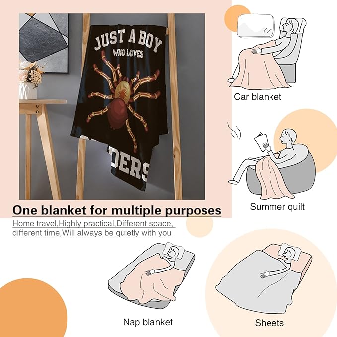 Just A Boy Who Loves Spiders Blanket Lightweight Cozy Flannel Fleece Throw Blanket Best Gift Home Decor for Bed Couch Outdoor Camping 120"x90" King for Family