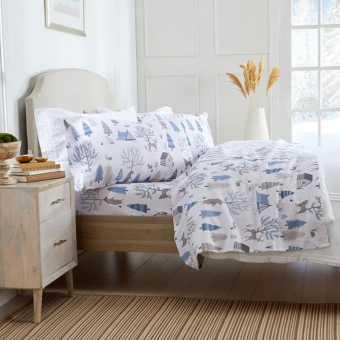 Market & Place 100% Turkish Cotton Flannel Sheet Set | 4 Piece Deep Pocket Novelty Cozy Winter Bed Sheets | Double Brushed for Extra Softness & Comfort | Alpine Collection (Full, Winter Wildlife)