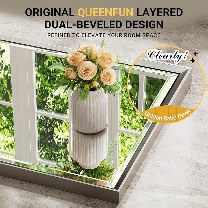 48 x 24 Brushed Nickel Bathroom Mirror, Beveled Framed Rectangle, Shatterproof Anti-Rust Vertical/Horizontal Wall-Mounted